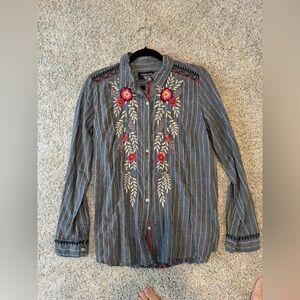 Johnny Was Striped Embroidered Button-Up Shirt Brand New Sz Small